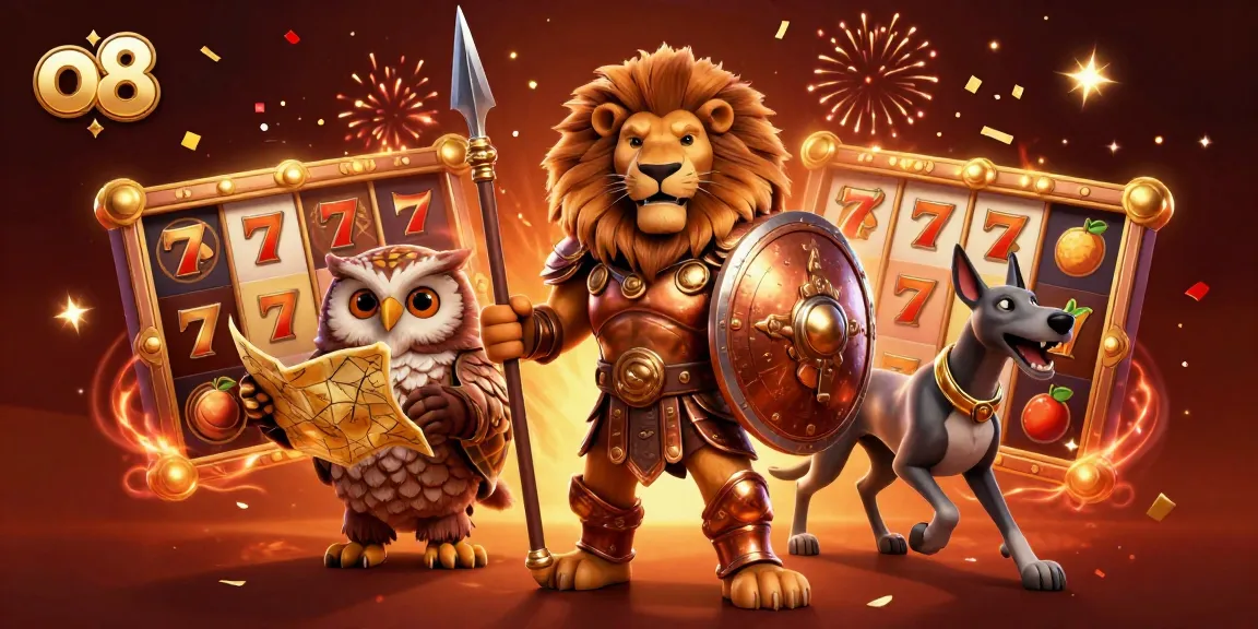 Play exciting games at o8 with a heroic lion and strategist owl in a vibrant casino scene.