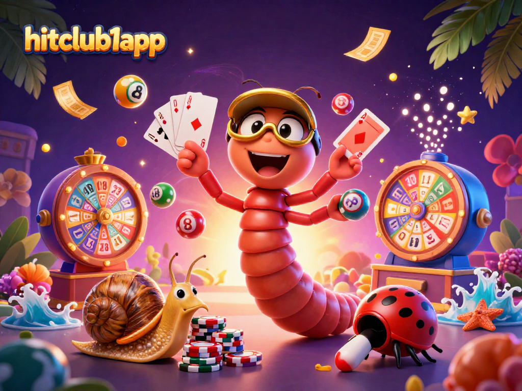 Experience excitement with the hitclub1app featuring a cartoon casino scene full of vibrant gameplay elements.