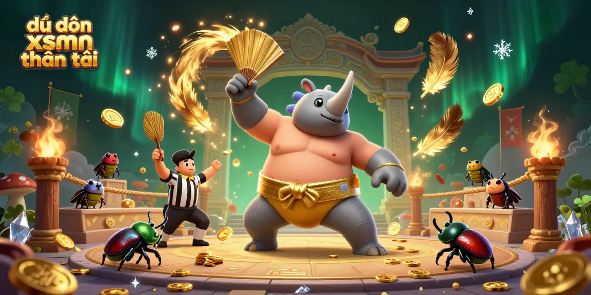 Engage with dự đoán xsmn thần tài in an exciting illustration showcasing a powerful sumo beetle champion amidst golden coins and festive elements.