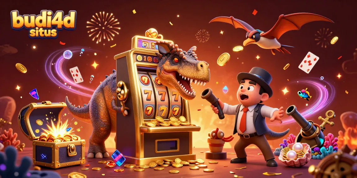 Watch budi4d situs characters interact as a dinosaur headbutts a slot machine, winning jackpot coins.