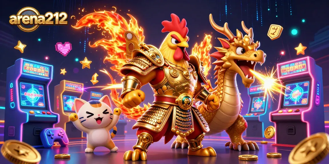 Gali kemenangan di arena212 dengan karakter ayam bertarung dan naga, dihiasi elemen game kasino.