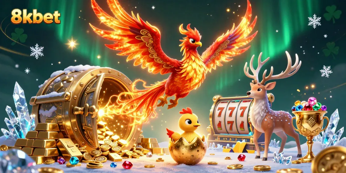 Experience the thrill of 8xbet as a phoenix rises in a casino-themed 3D illustration, celebrating jackpots.