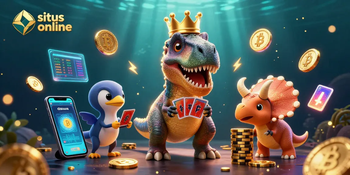 Menangkan permainan di situs togel online dengan kartu dan chip emas di sekeliling dinosaurus kartun.