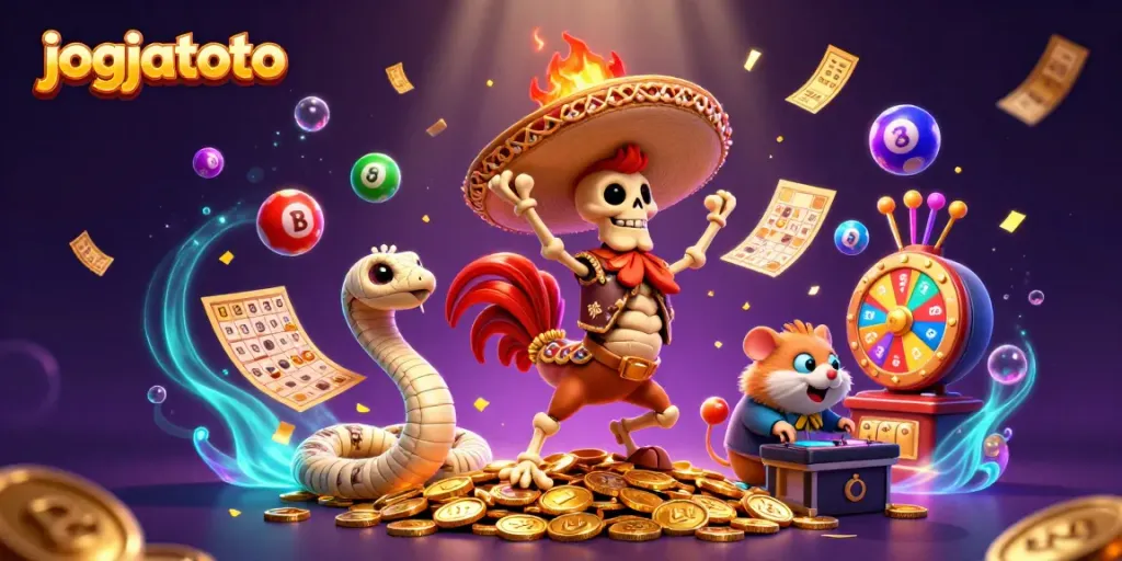Experience excitement with jogjatoto's vibrant lottery-themed celebration scene featuring dancing characters.