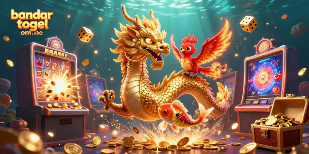 Memenangkan jackpot di bandar togel online dengan ilustrasi naga emas, phoenix, dan koi