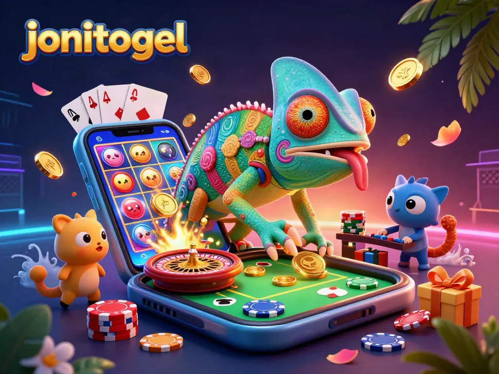Engage with jonitogel's vibrant gaming universe, featuring colorful slot games and captivating casino elements.