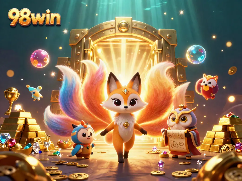 Experience thrilling winnings with 98win, featuring a vibrant casino illustration of luck and riches.