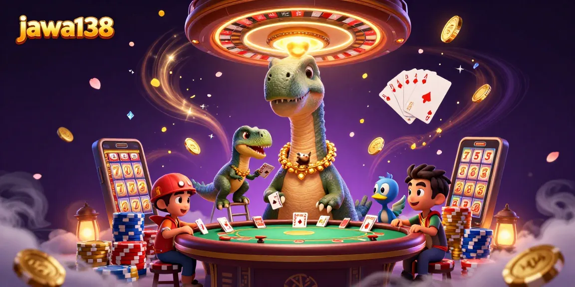 Experience thrilling games with jawa138 featuring a brontosaurus and raptor in a vibrant casino.
