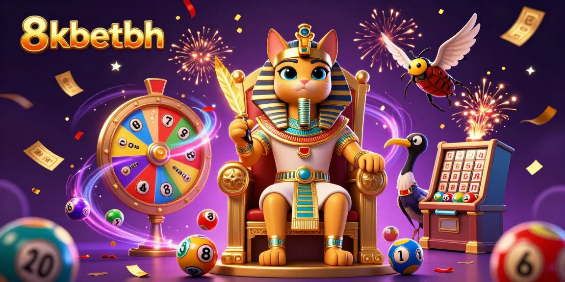 Win big with 8kbetbh in an exciting lottery and casino scene featuring pharaoh characters.