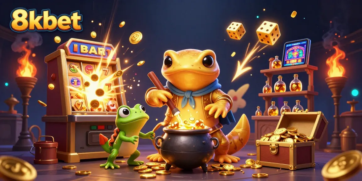 Experience the thrill of 8kbet with alchemical casino magic, golden coins, and dynamic gaming elements.
