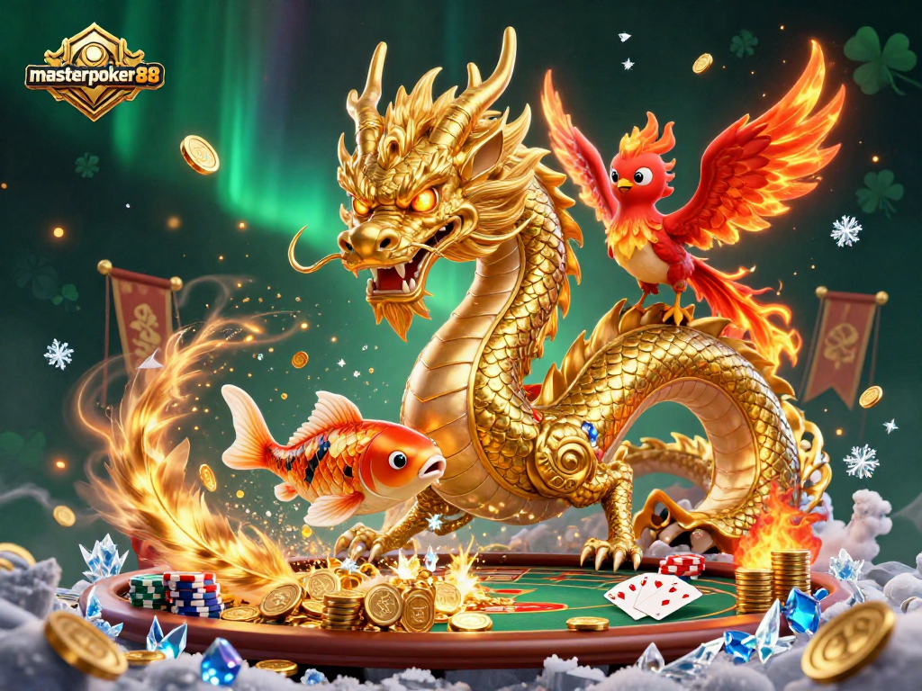 Masterpoker88 menghadirkan ilustrasi 3D kasino dengan naga dan ikan keberuntungan yang melompat.
