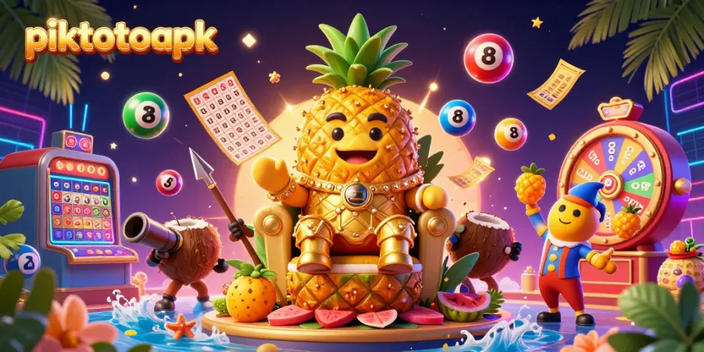 Engage in thrilling lottery excitement with piktotoapk in a vibrant casino scene of dynamic characters and games.