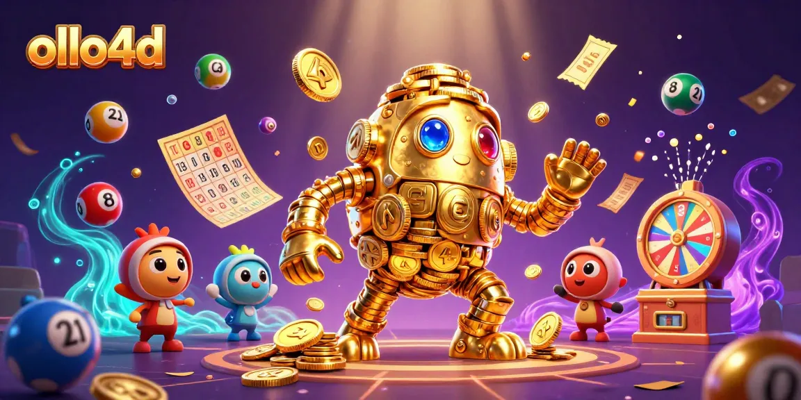 Play exciting games at ollo4d, featuring a golden golem surrounded by vibrant gambling elements.