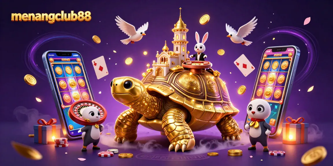 Experience exciting gaming action at menangclub88 with a vibrant casino scene featuring a golden tortoise and festive elements.