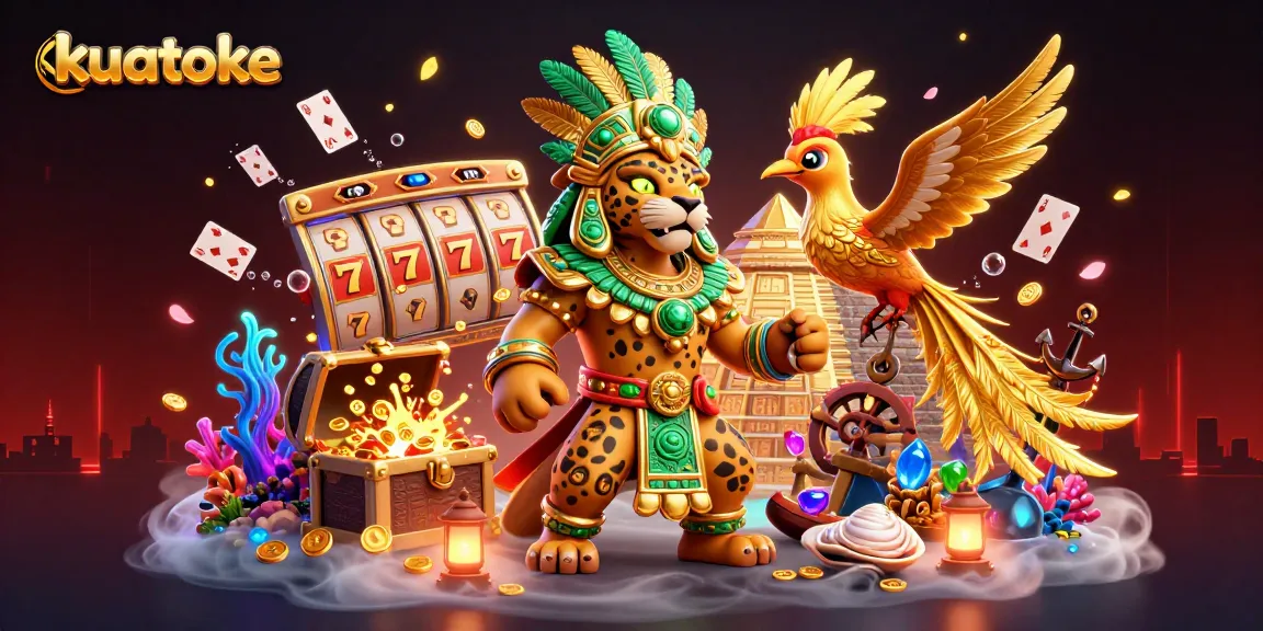 Experience thrilling wins with kuatoke as a Mayan priest and quetzal bird combo in a dynamic casino scene.
