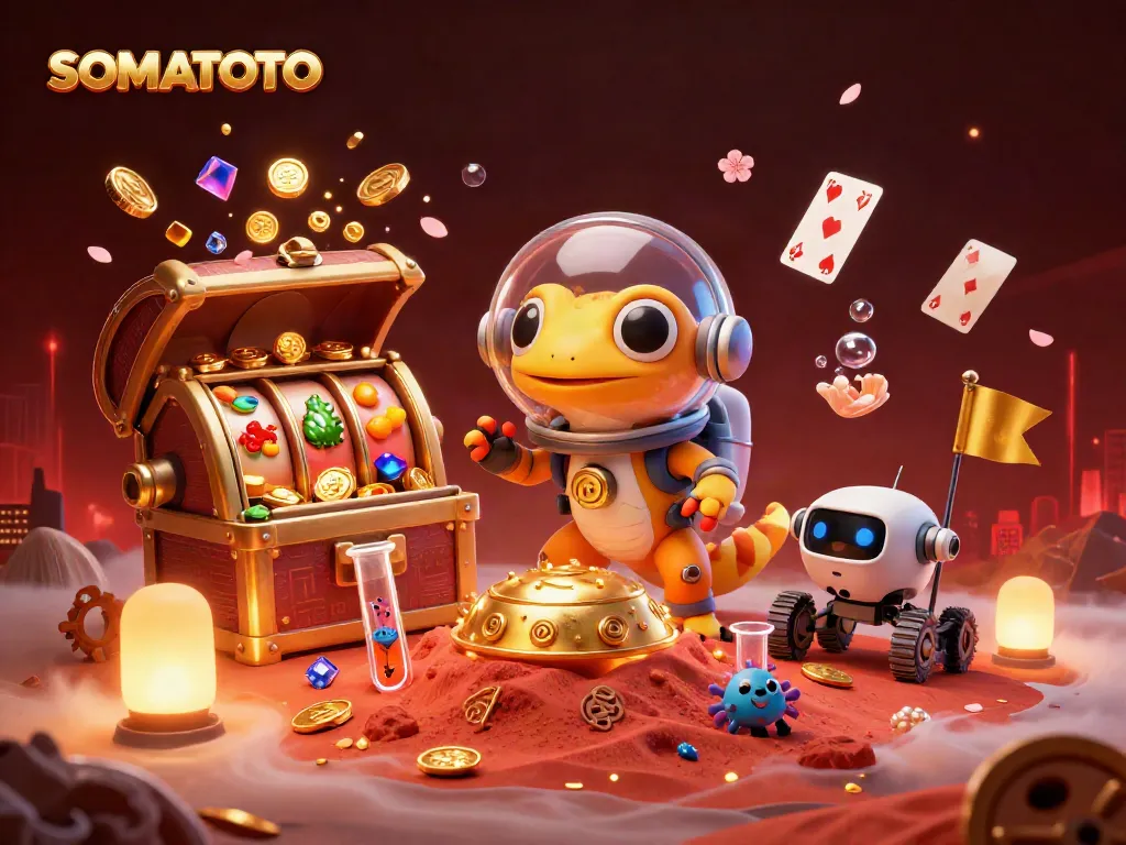 SOMATOTO Martian gecko celebrating a casino discovery with golden treasures and vibrant slot elements.