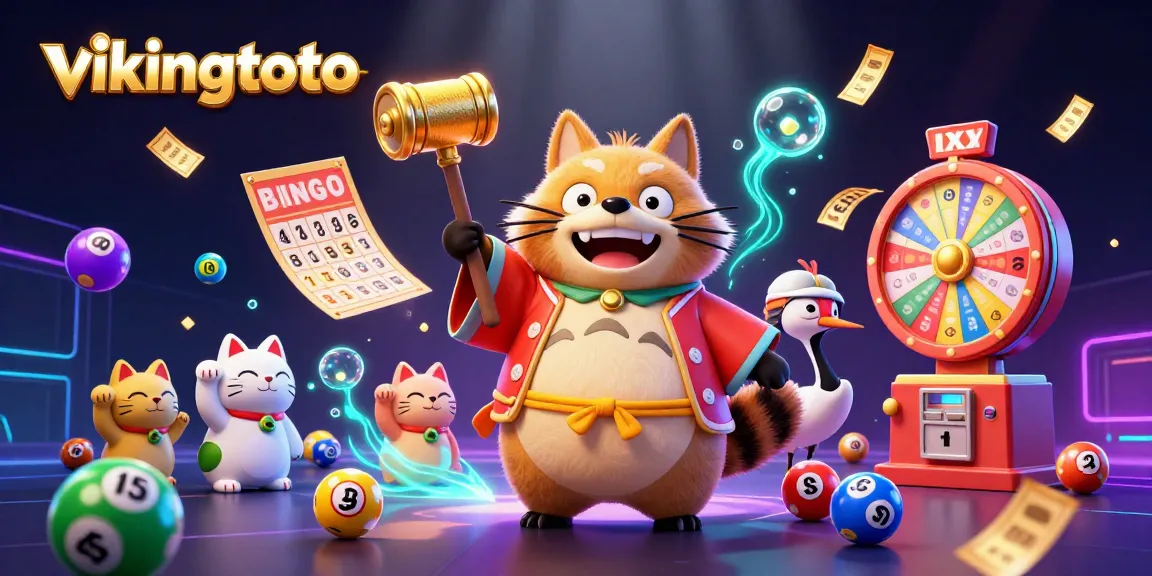 Gambarkan vikingtoto dalam ilustrasi 3D dengan tokoh tanuki dan elemen permainan lotere yang meriah.