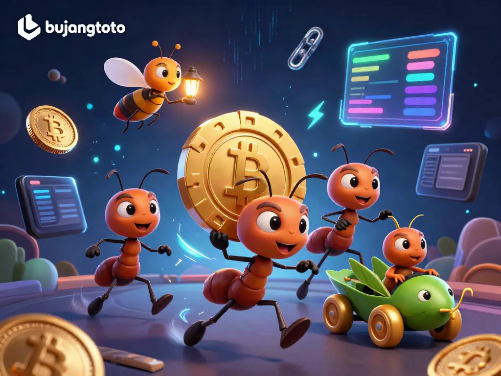 Engage with bujangtoto's thrilling heist scene featuring cartoon ants and crypto elements in a vibrant casino atmosphere.
