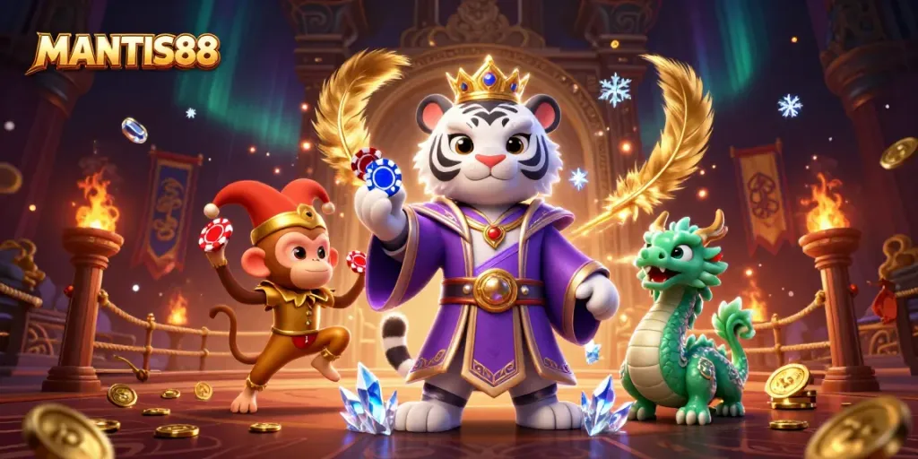 MANTIS88 engages players in a vibrant and dynamic 3D casino scene featuring a royal tiger, golden monkey, and jade dragon.