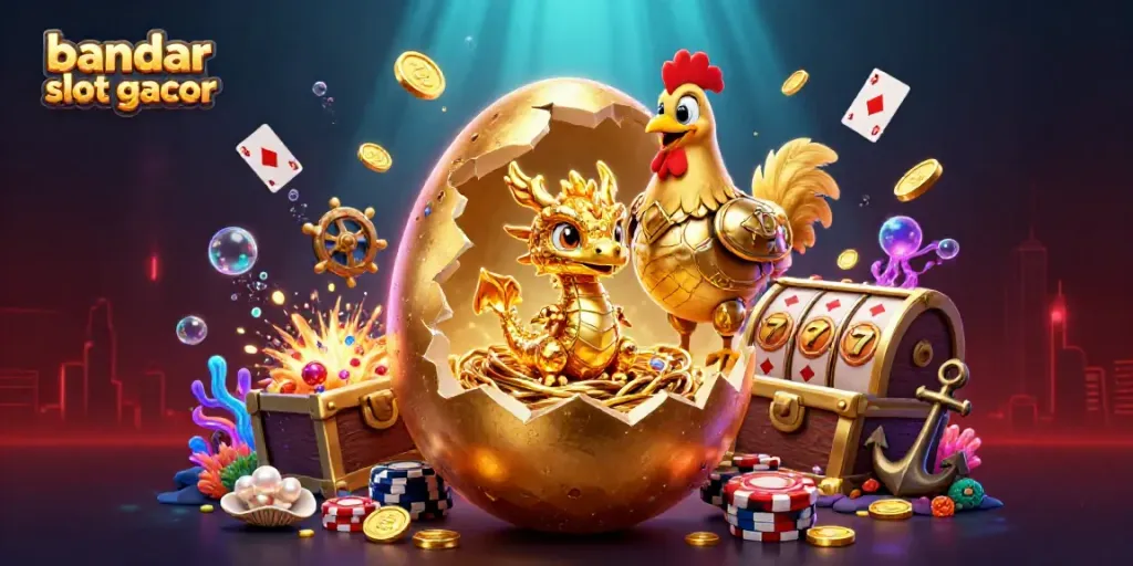 Permainan "bandar slot gacor" menampilkan naga emas dari telur raksasa dan chip poker yang mengagumkan.