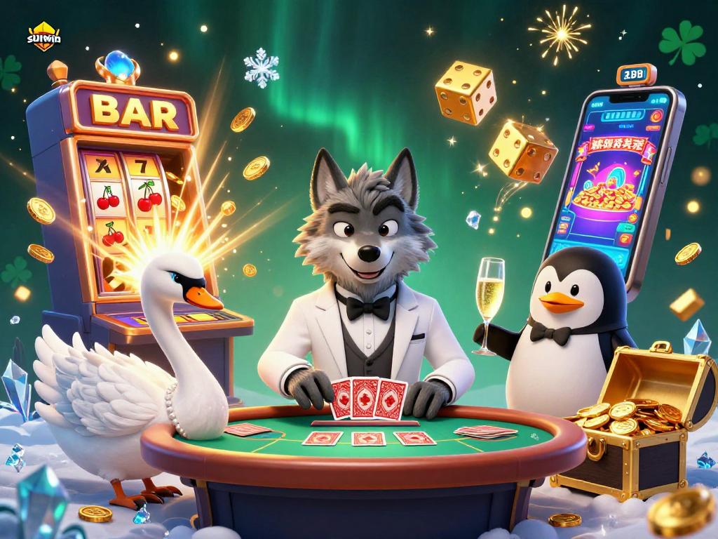 Engage with the sunwin casino experience featuring a stylish wolf and elegant characters at a vibrant gambling scene bursting with fun.