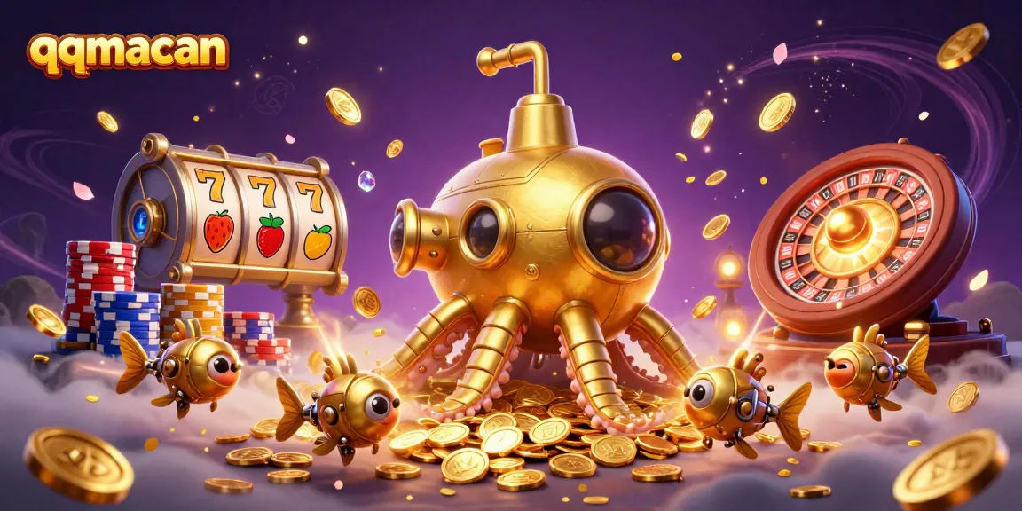 Engaging scene of qqmacan's 3D golden kraken submarine amidst golden coins and dynamic game elements, reflecting a thrilling casino experience.