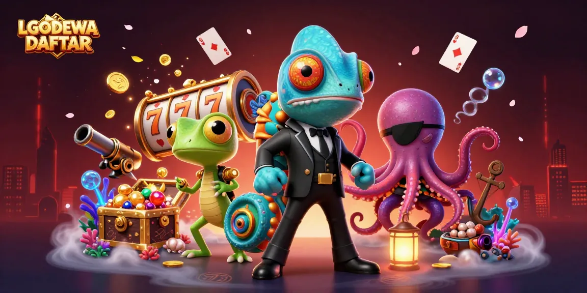 Engage with LGODEWA DAFTAR's vibrant online slots featuring card games, treasure chests, and dynamic characters.