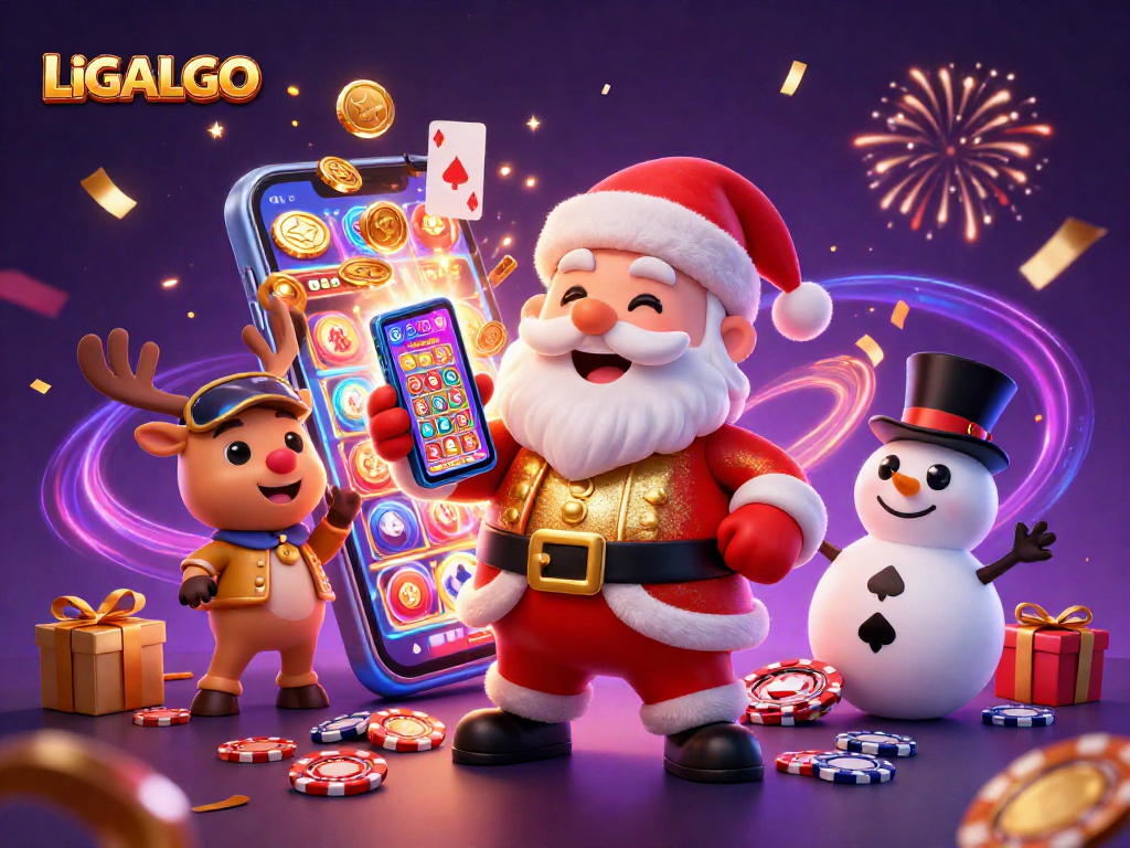 LIGALGO showcases Santa in a casino scene, promoting online sports betting and gaming excitement.