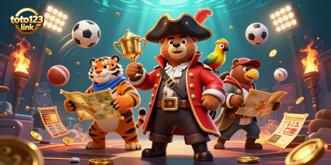 Engage with toto123 link for a dynamic casino experience featuring a pirate captain and sports elements.