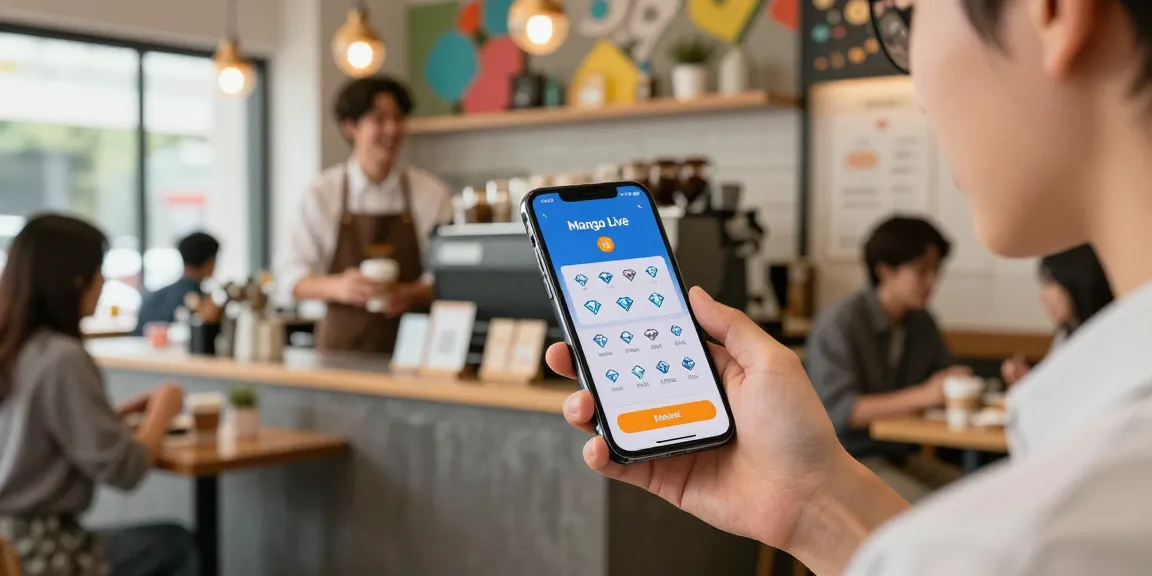 Young adult quickly top up mango diamonds using a smartphone in a lively café setting.