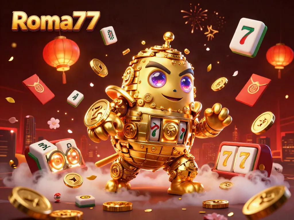 Spin the reels with Roma77, featuring a dynamic golden golem amidst slot symbols and vibrant casino elements.