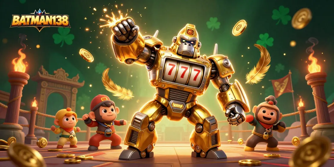 Permainan seru di BATMAN138 dengan gorila emas mekanik dan simbol slot menawan.