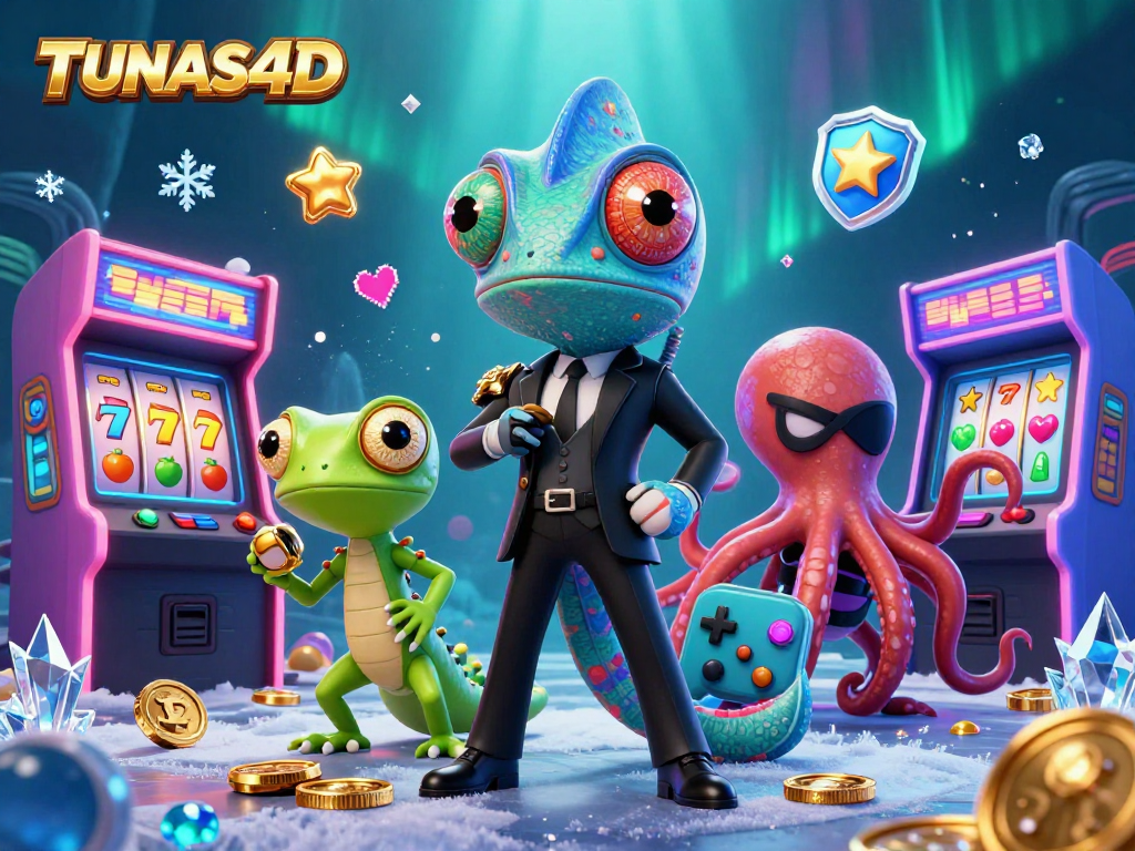 TUNAS4D invites gamers with a vibrant scene of characters and slot machines, showcasing thrilling casino excitement.