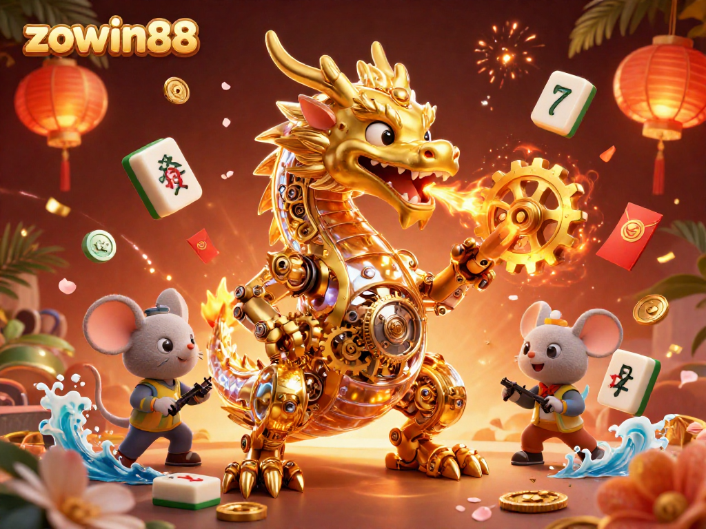 Zowin88 brings the excitement of slots with a golden dragon, Mahjong tiles, and rich colors