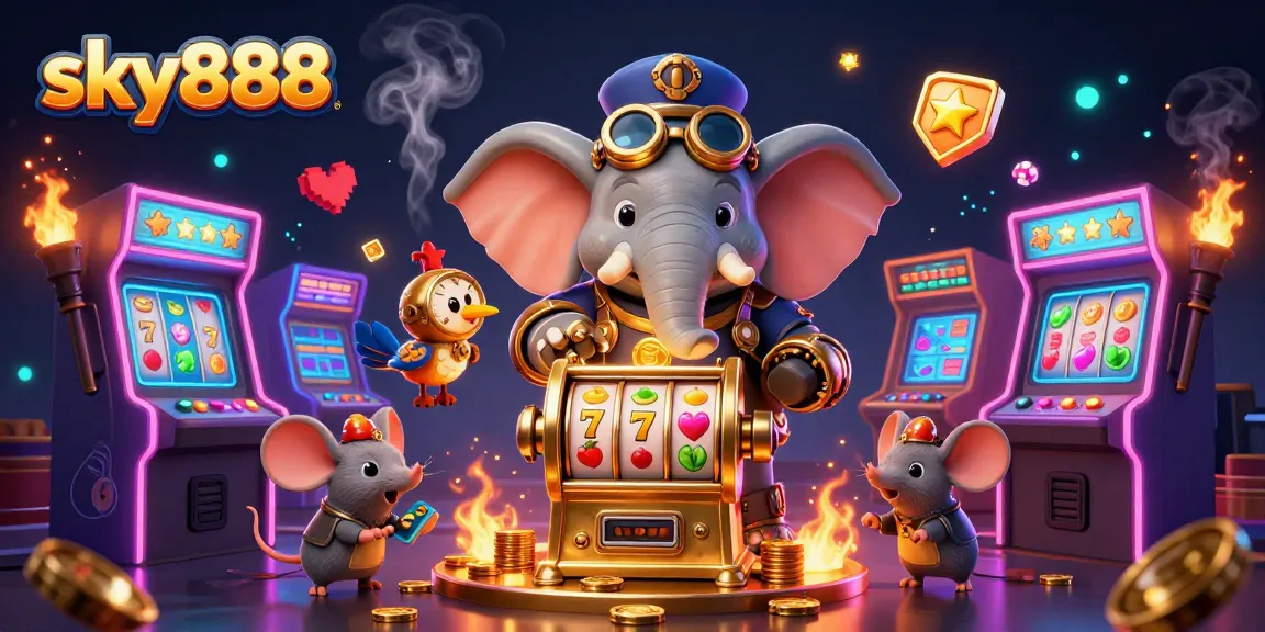 Engage with the vibrant sky888 gaming atmosphere featuring a steampunk elephant at a golden slot machine.