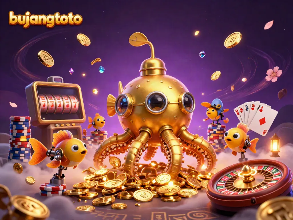 Engage with bujangtoto through an adventurous oceanic treasure hunt featuring a golden kraken and colorful casino elements.