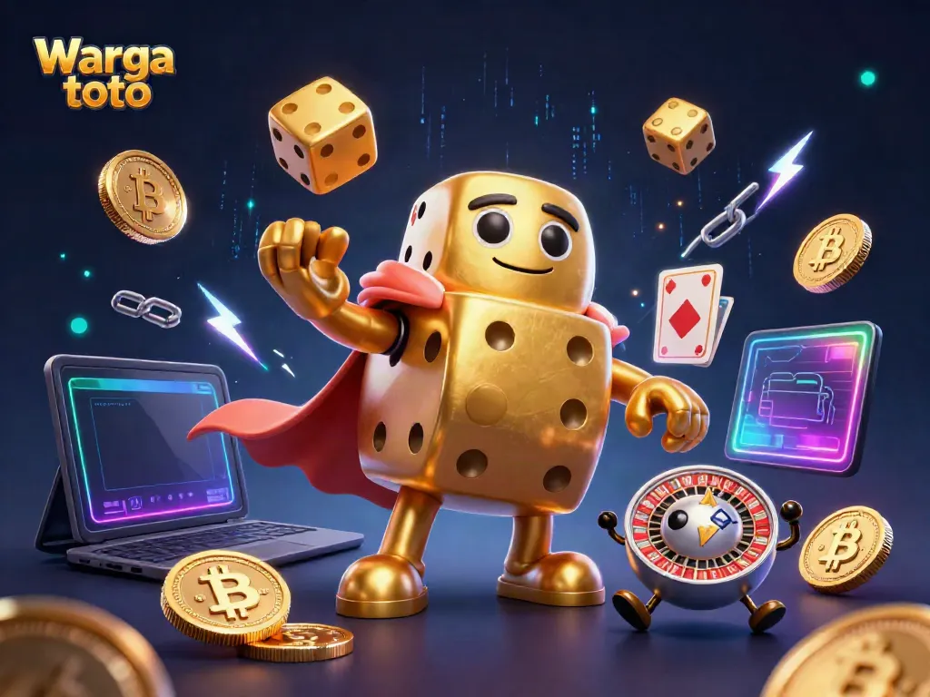 Menggulung dadu dan koin cryptocurrency di Warga toto, platform kasino yang dinamis dan interaktif.