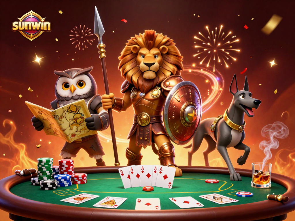 Experience sunwin with a thrilling poker game scene featuring animated characters and casino elements.