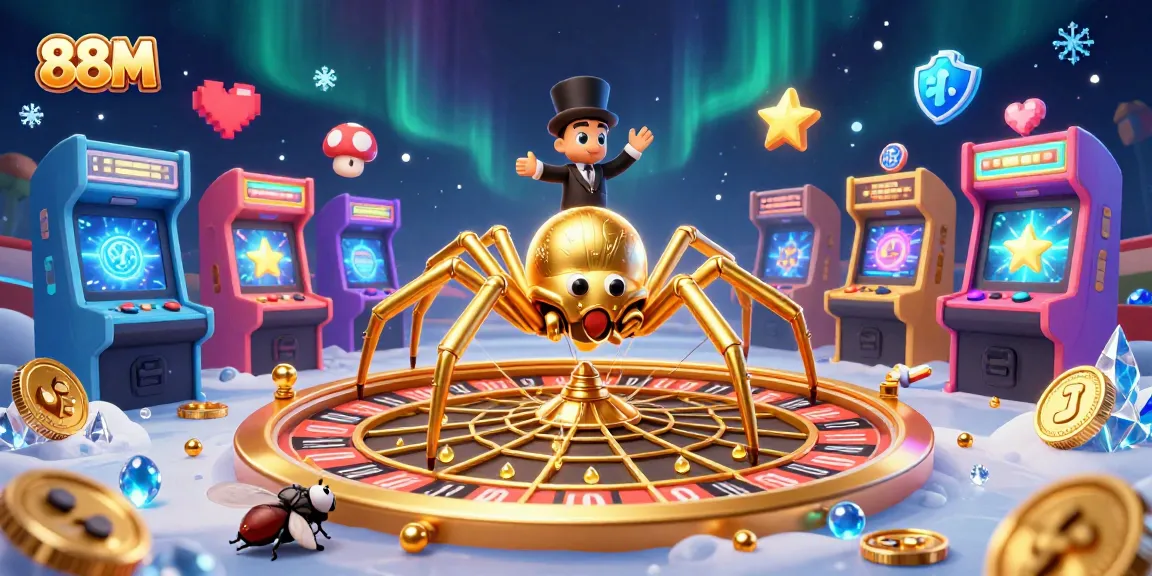 Bet on your luck with 88M at this vibrant casino scene featuring a roulette web and lively characters.