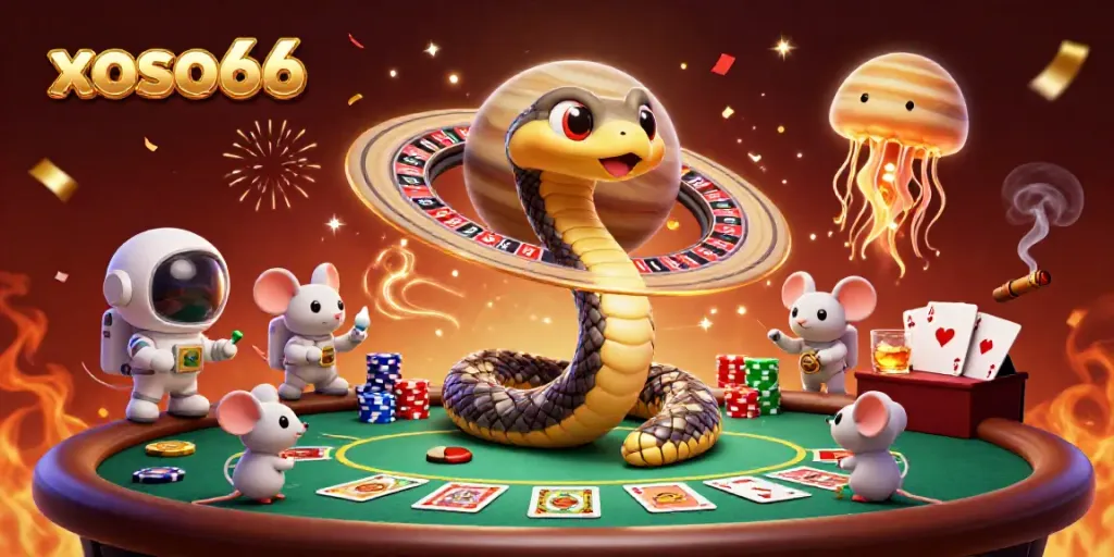 Experience the excitement of xoso66 with astronaut mice betting on a cosmic roulette wheel in a colorful casino scene.