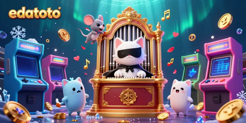 Engage with edatoto in a whimsical casino scene featuring cartoon characters and vibrant gaming elements.