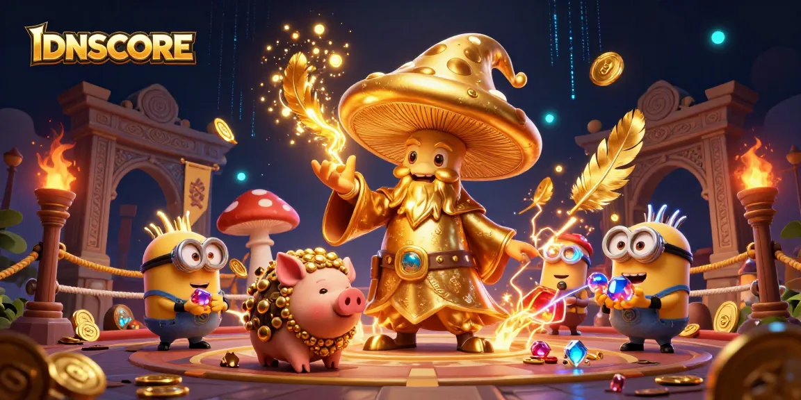 Experience magical winnings at IDNSCORE with a vibrant scene of a wizard and treasures!