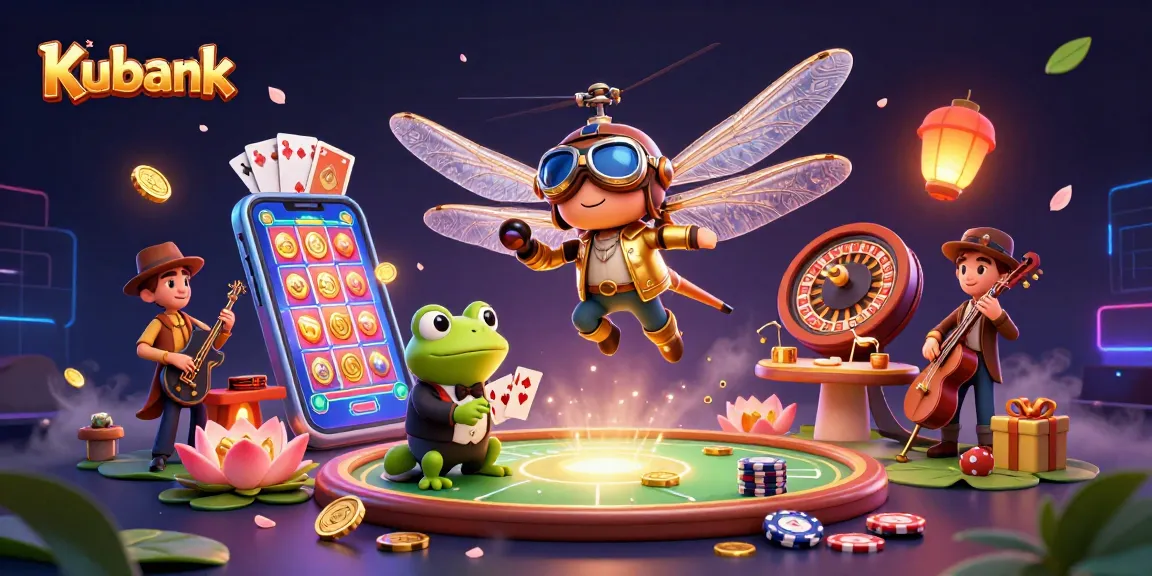 Kubank casino features a dragonfly pilot and frog croupier amid exciting gaming action.