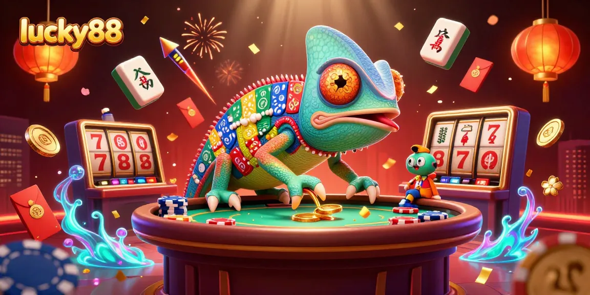 Join the thrilling action at lucky88 with a vivid 3D casino illustration featuring games and lively elements.