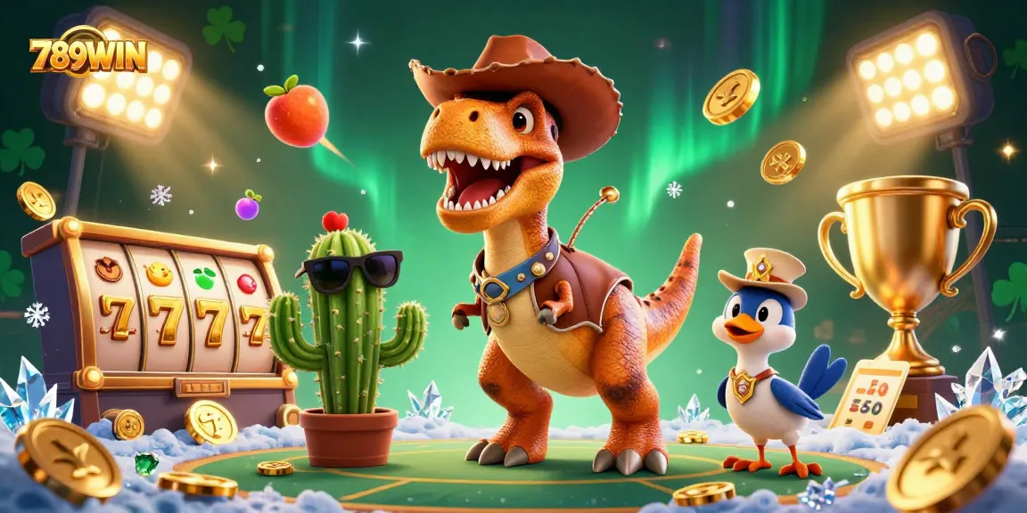 Experience the thrill of 789WIN with a cartoon dinosaur and exciting slot game elements.