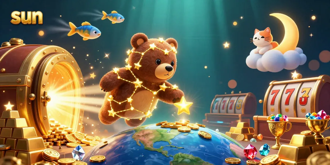 Play with sun-themed slots featuring a constellation bear, gold treasures, and vibrant casino elements.