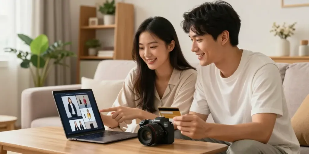 Pasangan sedang berbelanja online totowin88 dengan laptop dan tablet di ruang tamu yang nyaman.