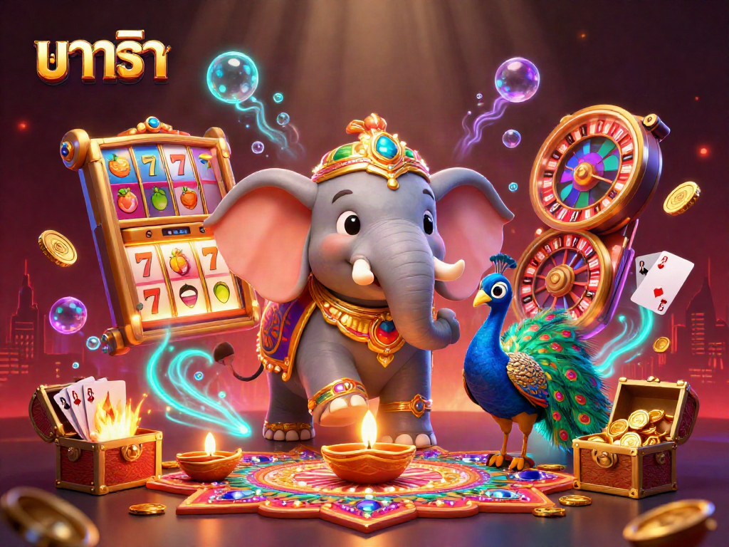 Experience exciting บาคาร่า gameplay with a colorful casino elephant and peacock in a dynamic, vibrant 3D illustration.