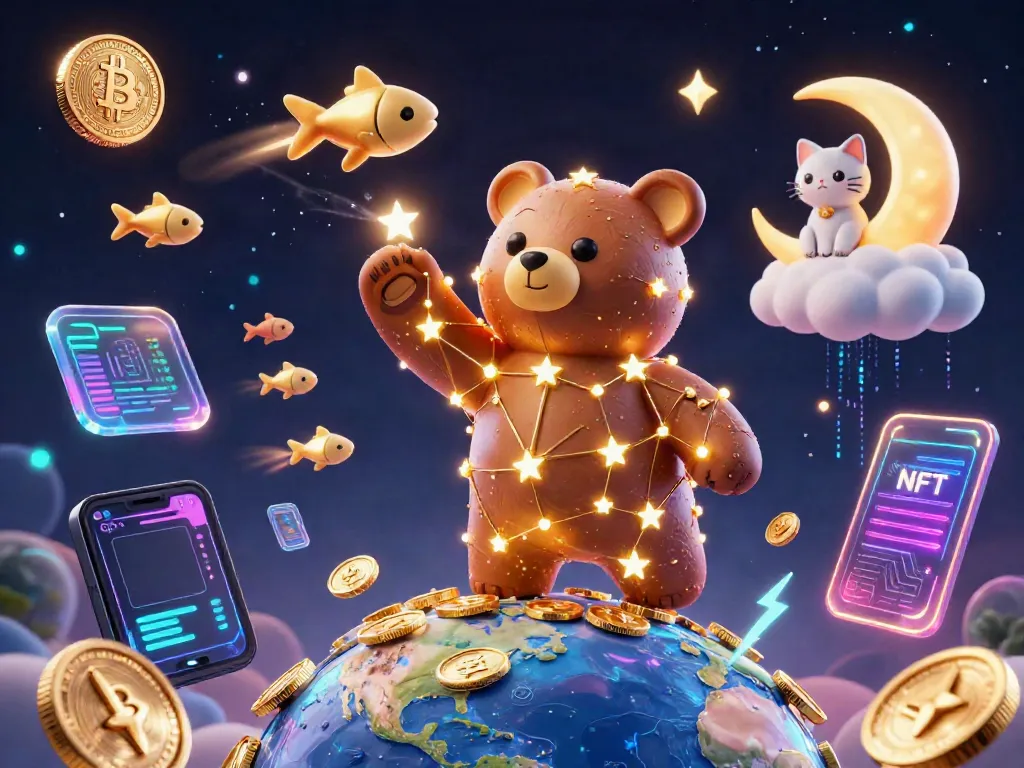 Engage with bandung toto's thrilling experience as a constellation bear scoops up coins amidst neon cryptocurrency elements.