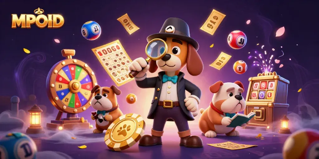 MPOID engaging scene with a detective dog revealing a golden poker chip amidst colorful gambling elements